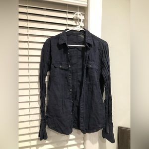 Theory 100% Linen Dark Wash Button Down Long Sleeve Shirt